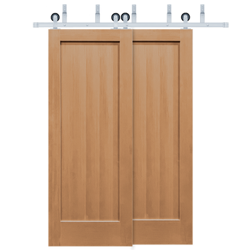 Craftsman Unfinished 1-Panel Vertical Grain Fir Wood Interior Bypass Barn Door with Satin Nickel Hardware Kit from Pacific Pride.