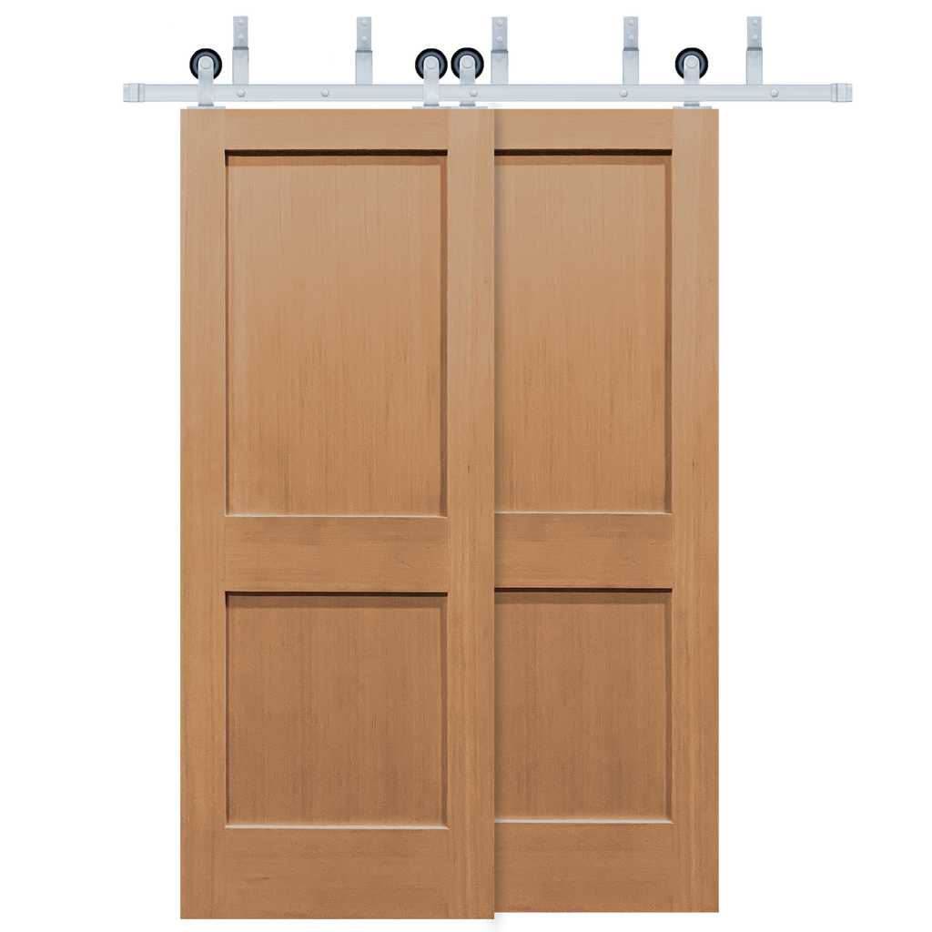 Craftsman Unfinished 2-Panel Vertical Grain Fir Wood Interior Bypass Barn Door with Satin Nickel Hardware Kit from Pacific Pride.