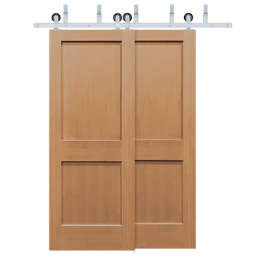 Craftsman Unfinished 2-Panel Vertical Grain Fir Wood Interior Bypass Barn Door with Satin Nickel Hardware Kit from Pacific Pride.