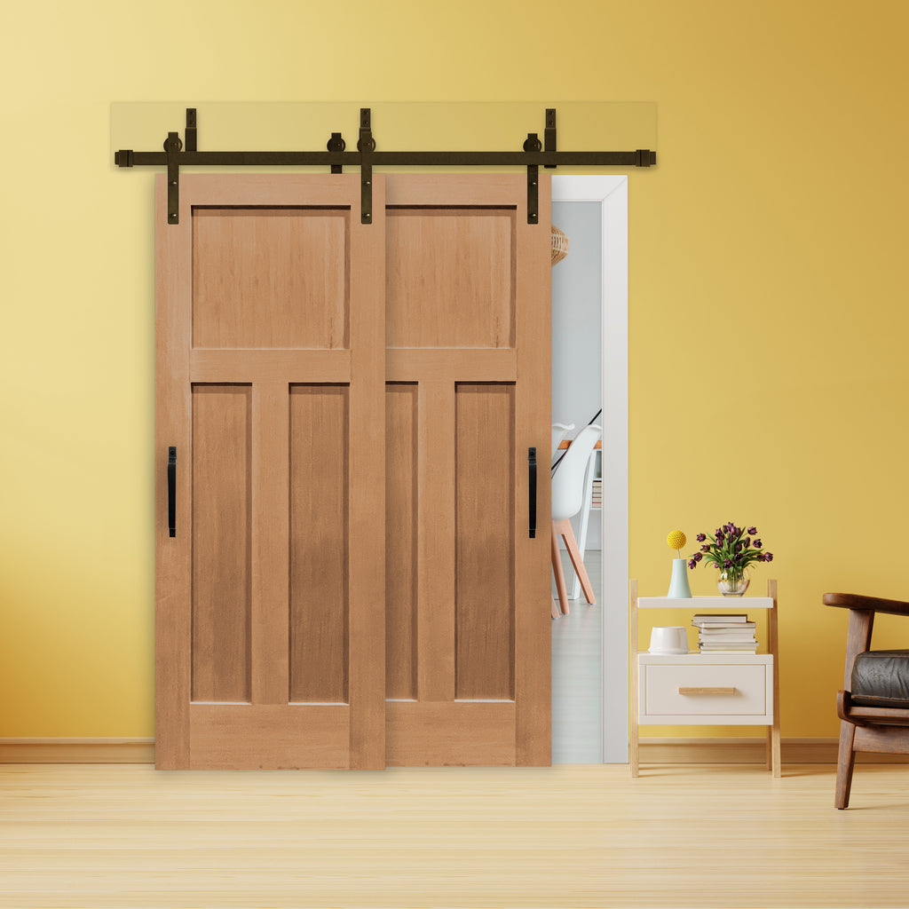 Craftsman Unfinished 3-Panel Vertical Grain Fir Wood Interior Bypass Barn Door with Oil Rubbed Bronze Hardware Kit from Pacific Pride.
