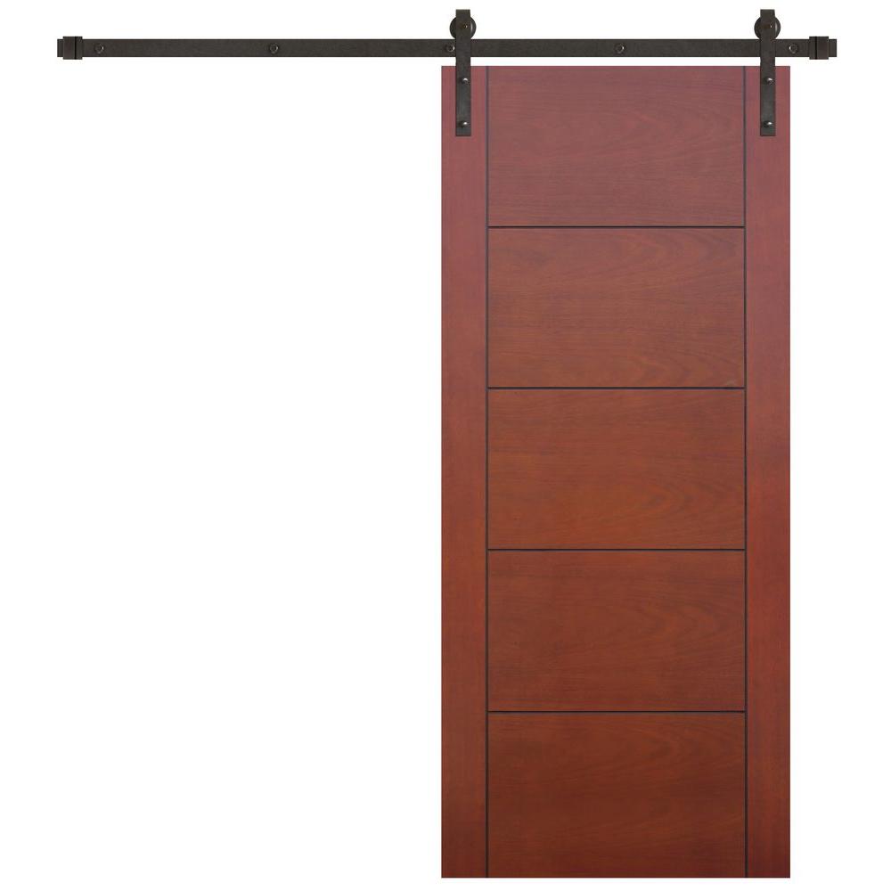 Contemporary Prefinished Mahogany Wood 5-Panel Flush Sliding Barn Door with Oil Rubbed Bronze Hardware Kit from Pacific Pride.