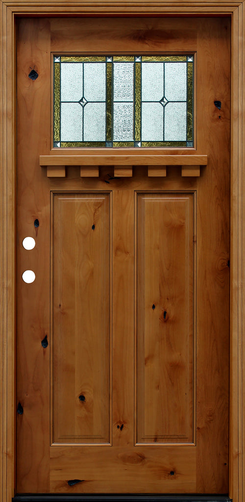 Craftsman Exterior Door 36" x 80" Rustic Knotty Alder Wood Prefinished Golden Oak Front Entry with Dentil Shelf and 1/4 Lite Insulated Decorative Glass 