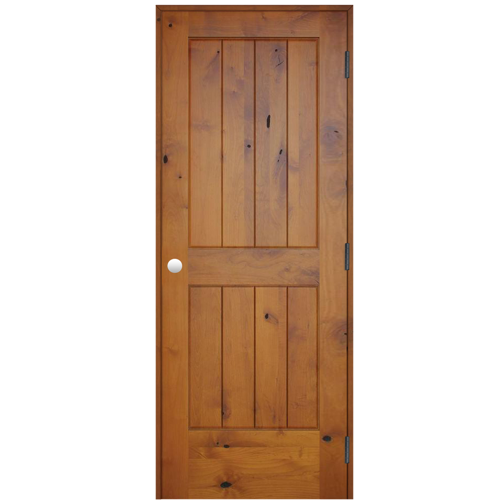Rustic Prefinished 2-Panel V-Groove American Knotty Alder Wood Prehung Interior Swinging Door with Bronze Hinges