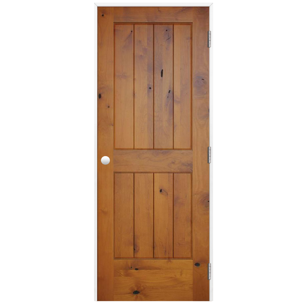 Rustic Prefinished 2-Panel V-Groove American Knotty Alder Wood Prehung Interior Swinging Door with Primed Pine Wood Jamb and Satin Nickel Hinges