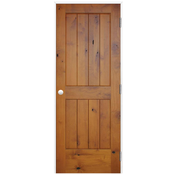 Rustic Prefinished 2-Panel V-Groove American Knotty Alder Wood Prehung Interior Swinging Door with Primed Pine Wood Jamb and Satin Nickel Hinges