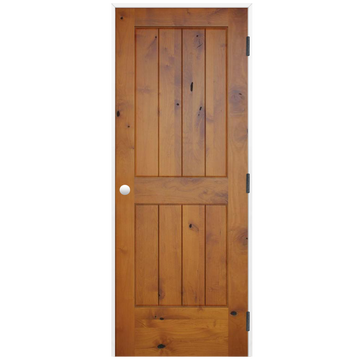 Rustic Prefinished 2-Panel V-Groove American Knotty Alder Wood Prehung Interior Swinging Door with Primed Pine Wood Jamb and Bronze Hinges