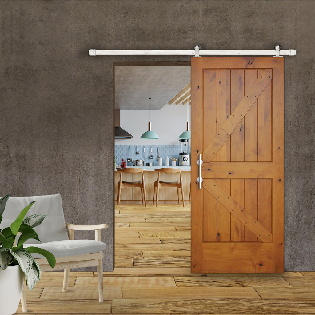 Rustic 2-panel Golden Oak stained Left American Knotty Alder wood from Washington State Interior Sliding Barn Door with Satin Nickel Hardware Kit from Pacific Pride.