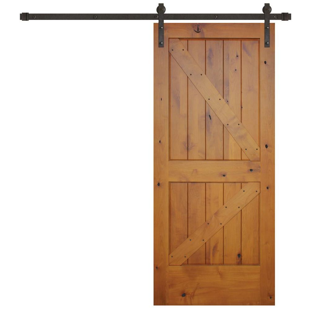 Rustic 2-panel Golden Oak stained Right American Knotty Alder wood from Washington State Interior Sliding Barn Door with Oil Rubbed Bronze Hardware Kit from Pacific Pride.