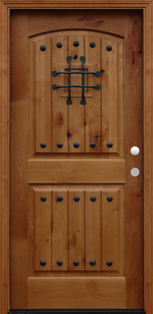 Arched Premium Wood, Speakeasy Exterior Door 36" x 80" 2-Panel V-Grooved Knotty Alder Prefinished Golden Oak Prehung Entry Door. 