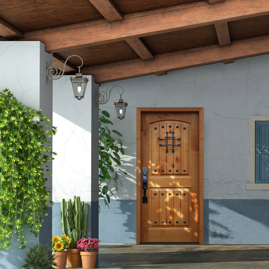 Arched Premium Wood, Speakeasy Exterior Door 36" x 80" 2-Panel V-Grooved Knotty Alder Prefinished Golden Oak Prehung Entry Door. 