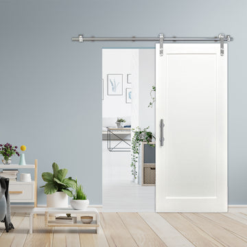 Shaker 1-Panel Primed White Pine Wood Interior Sliding Barn Door with Round Stainless Steel Hardware Kit from Pacific Pride