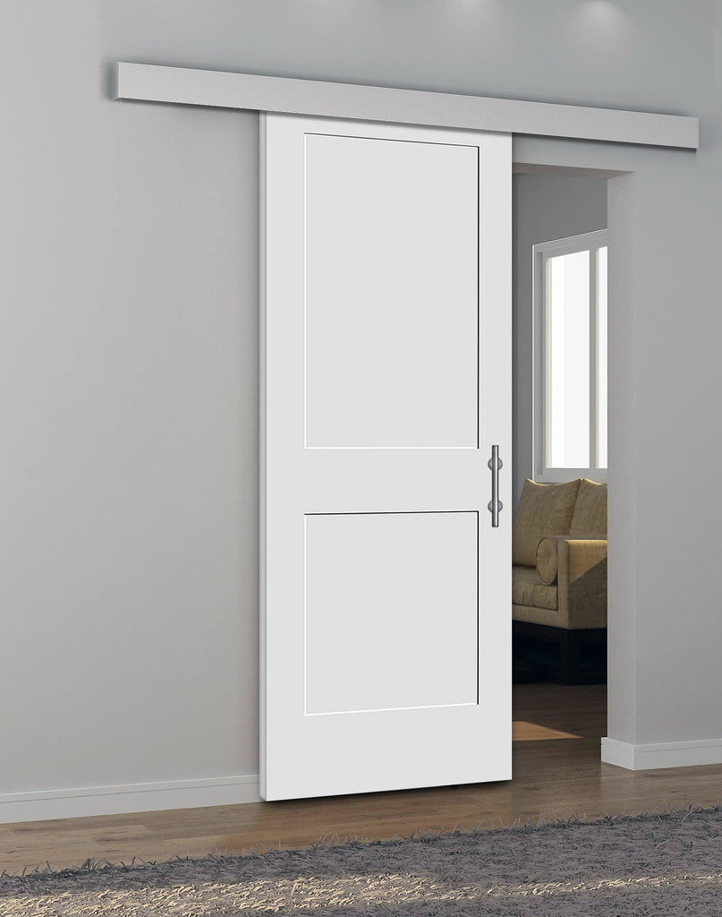 Shaker 2-Panel Primed White Pine Wood Interior Sliding Barn Door with Aluminum Color Valance Hardware Kit