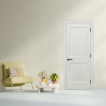 Modern Shaker 2-Panel Primed Pine Prehung Interior Swinging Door with Bronze Hinges