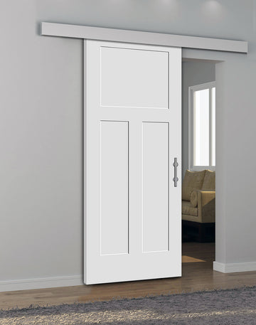 Shaker 3-Panel Primed White Pine Wood Interior Sliding Barn Door with Aluminum Color Valance Hardware Kit