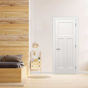 Modern Shaker 3-Panel Primed Pine Prehung Interior Swinging Door with Satin Nickle Hinges