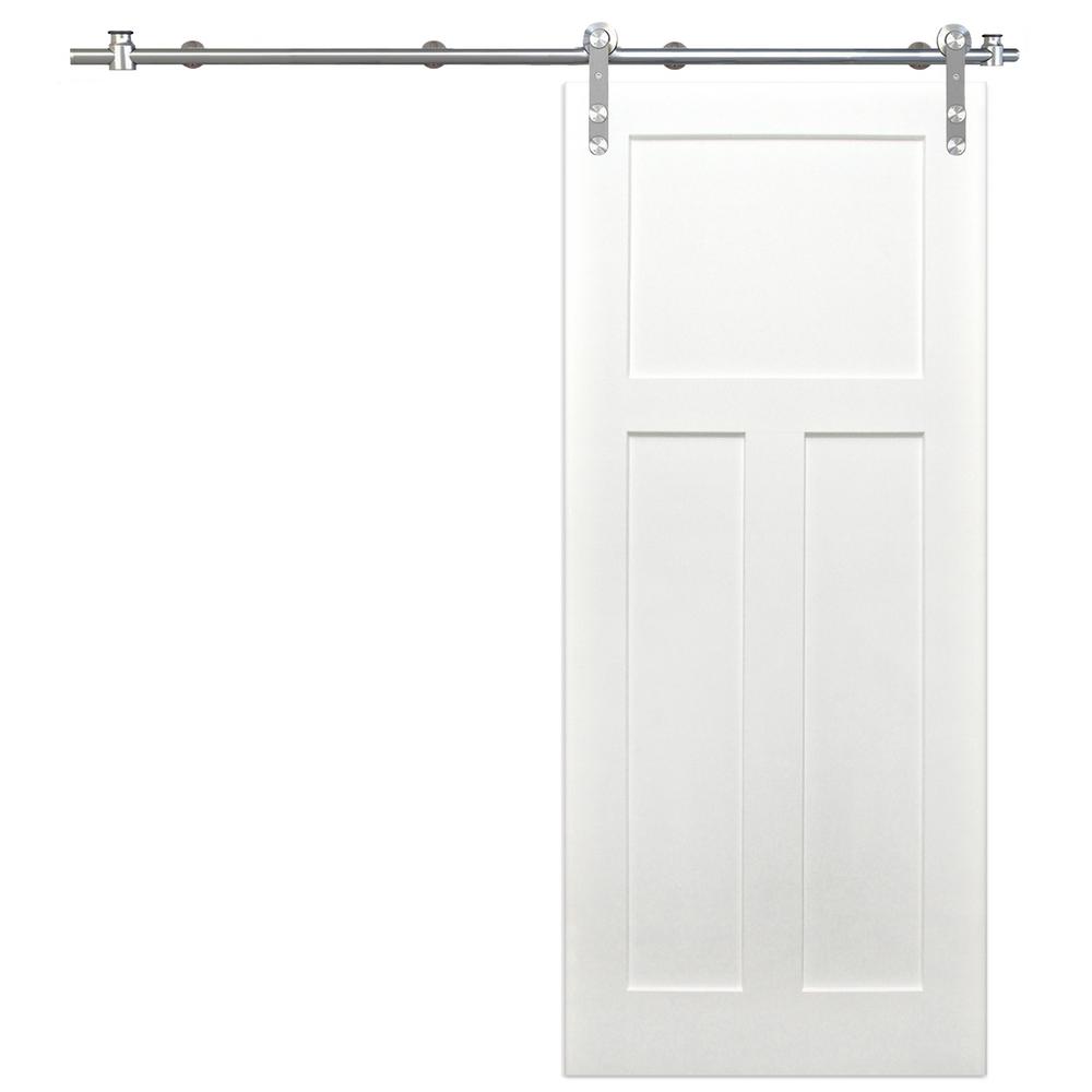 Shaker 3-Panel Primed White Pine Wood Interior Sliding Barn Door with Round Stainless Steel Hardware Kit from Pacific Pride