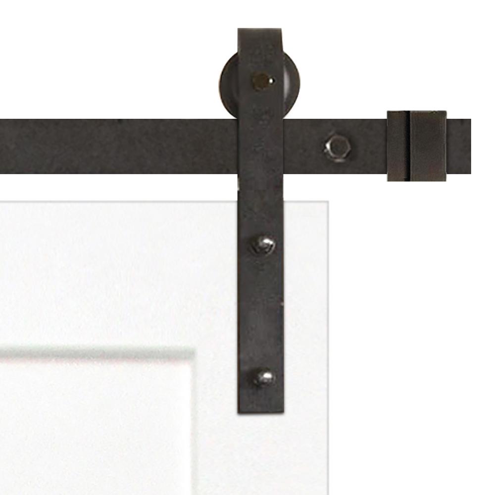 Shaker 5-Panel Primed White Pine Wood Interior Sliding Barn Door with Oil Rubbed Bronze Hardware Kit from Pacific Pride.