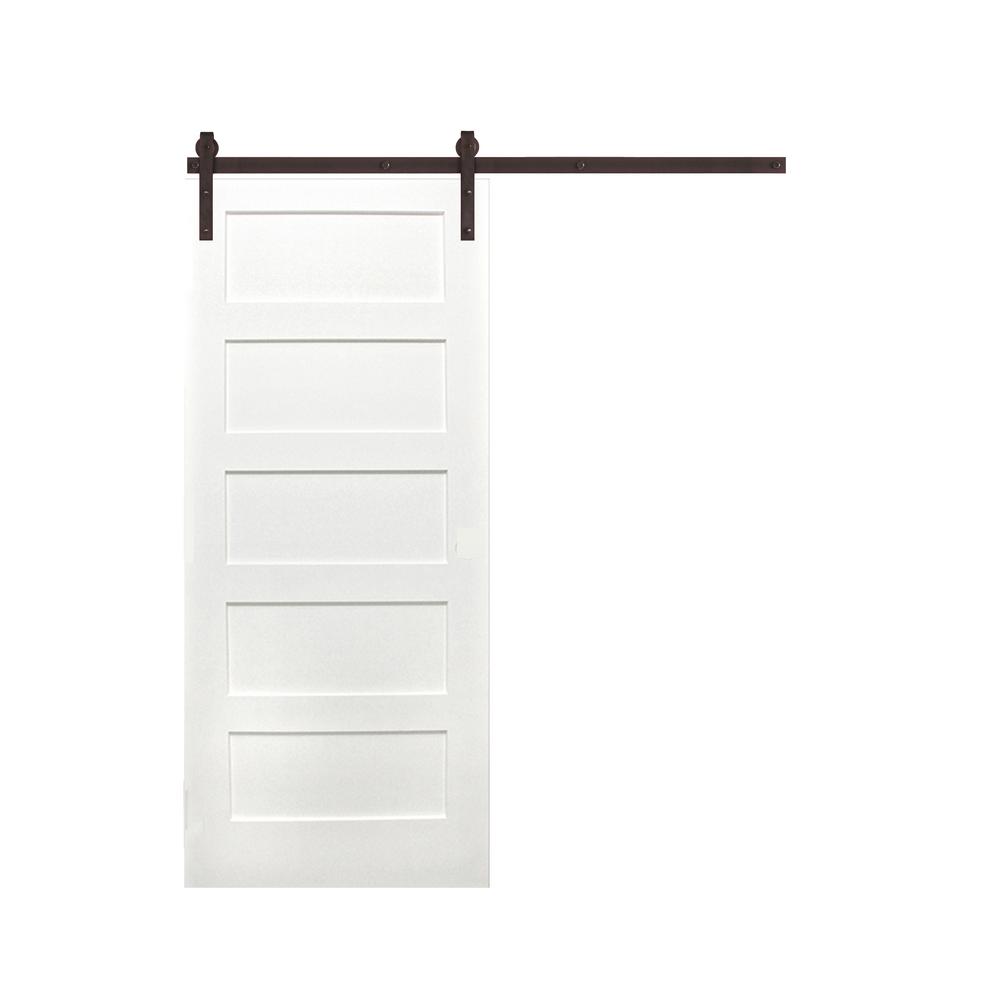 Shaker 5-Panel Primed White Pine Wood Interior Sliding Barn Door with Oil Rubbed Bronze Hardware Kit from Pacific Pride.