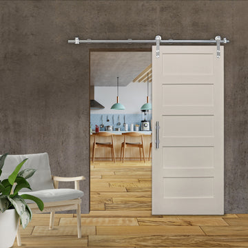 Shaker 5-Panel Primed White Pine Wood Interior Sliding Barn Door with Round Stainless Steel Hardware Kit from Pacific Pride