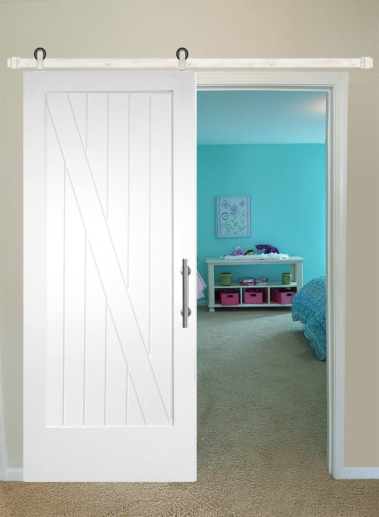 Cottage Z-Plank Primed White Pine Wood Interior Sliding Barn Door with Satin Nickel Hardware Kit from Pacific Pride.