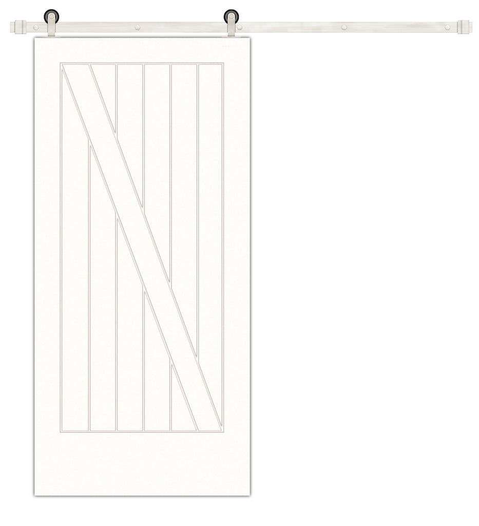 Cottage Z-Plank Primed White Pine Wood Interior Sliding Barn Door with Satin Nickel Hardware Kit from Pacific Pride.
