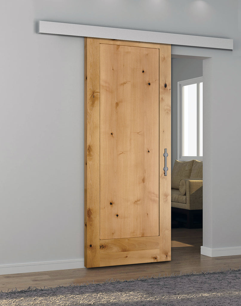 Rustic 1-Panel Unfinished American Knotty Alder Wood Interior Sliding Barn Door with Aluminum Color Valance Hardware Kit from Pacific Pride.