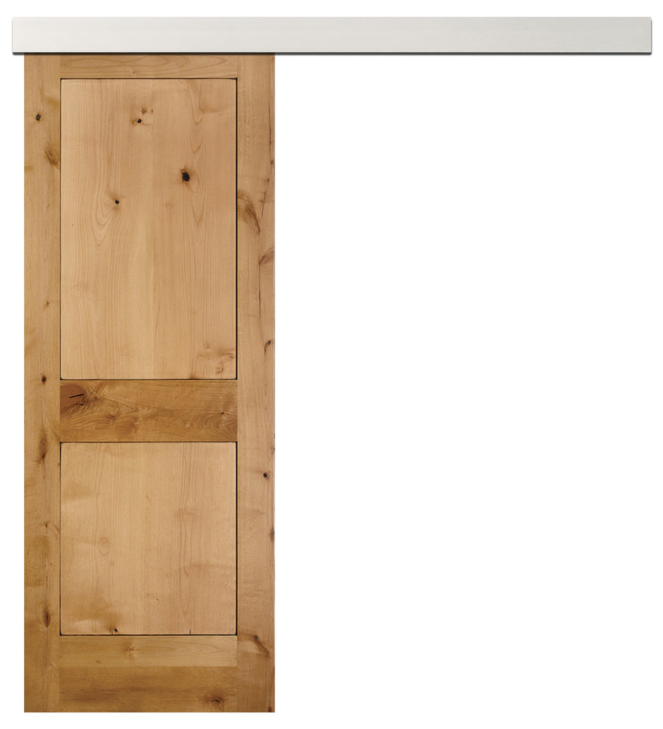 Rustic 2-Panel Unfinished American Knotty Alder Wood Interior Sliding Barn Door with Aluminum Color Valance Hardware Kit from Pacific Pride.