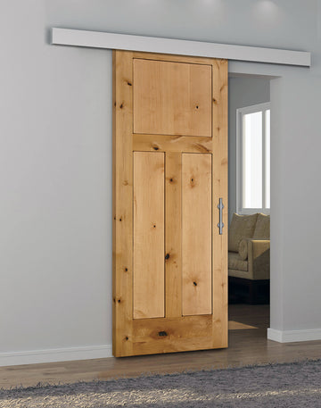 Rustic 3-Panel Unfinished American Knotty Alder Wood Interior Sliding Barn Door with Aluminum Color Valance Hardware Kit from Pacific Pride.