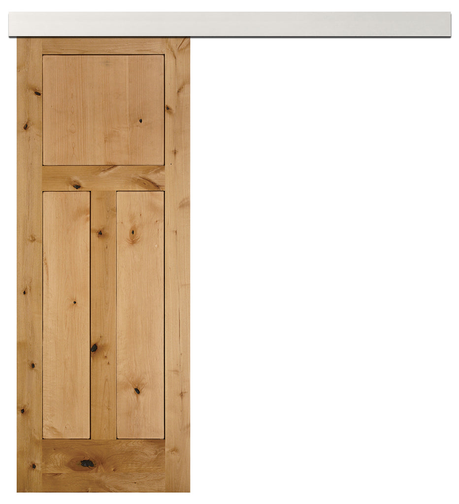 Rustic 3-Panel Unfinished American Knotty Alder Wood Interior Sliding Barn Door with Aluminum Color Valance Hardware Kit from Pacific Pride.