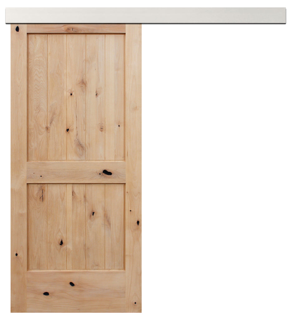 Rustic Unfinished  2-panel American Knotty Alder wood from Washington State Interior Sliding Barn Door with Aluminum Color Valance Hardware Kit from Pacific Pride