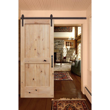 Rustic 2-panel unfinished American Knotty Alder wood from Washington State Interior Sliding Barn Door with Oil Rubbed Bronze Hardware Kit from Pacific Pride.