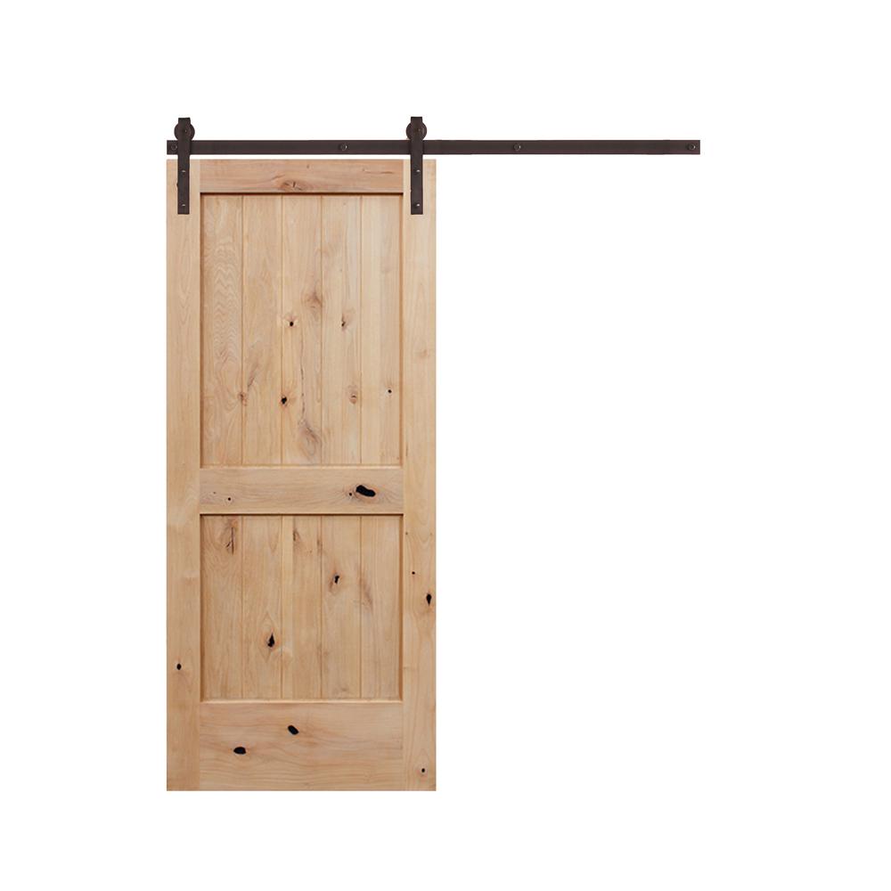 Rustic 2-panel unfinished American Knotty Alder wood from Washington State Interior Sliding Barn Door with Oil Rubbed Bronze Hardware Kit from Pacific Pride.