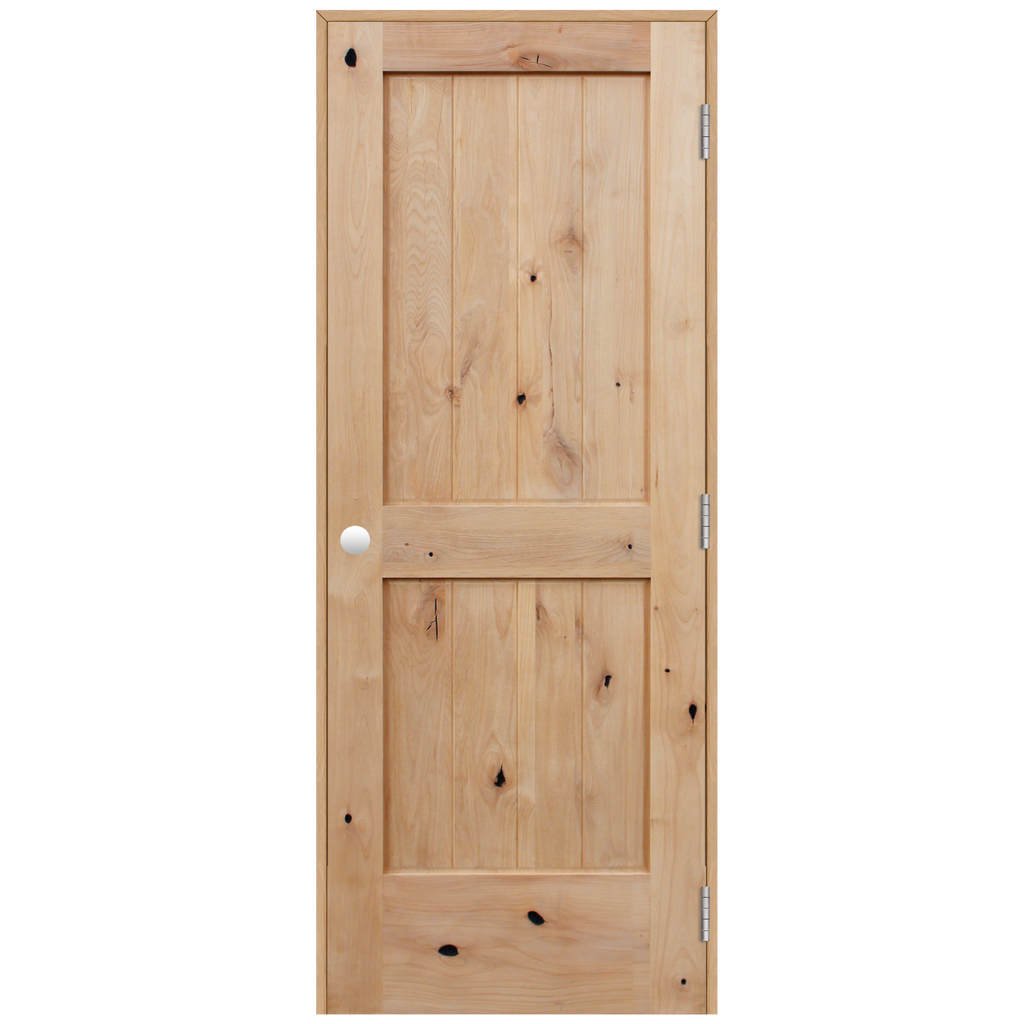 Rustic Unfinished 2-Panel V-Groove American Knotty Alder Wood and Matching Jam Prehung Interior Swinging Door with Satin Nickel Hinges