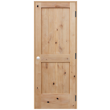 Rustic Unfinished 2-Panel V-Groove American Knotty Alder Wood Prehung Interior Swinging Door with Bronze Hinges