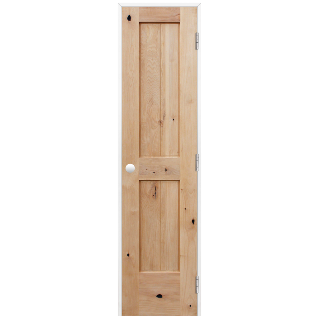 Rustic Unfinished 2-Panel V-Groove American Knotty Alder Wood and Primed Pine Jamb Prehung Interior Swinging Door with Satin Nickle Hinges
