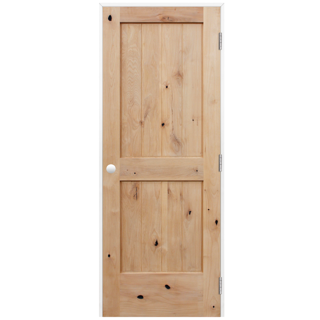 Rustic Unfinished 2-Panel V-Groove American Knotty Alder Wood and Primed Pine Jamb Prehung Interior Swinging Door with Satin Nickle Hinges