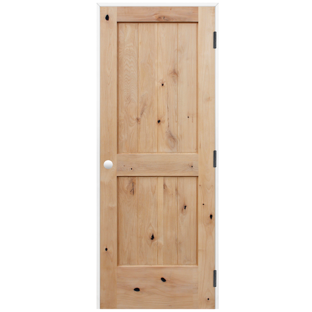 Rustic Unfinished 2-Panel V-Groove American Knotty Alder Wood and Primed Pine Jamb Prehung Interior Swinging Door with Bronze Hinges