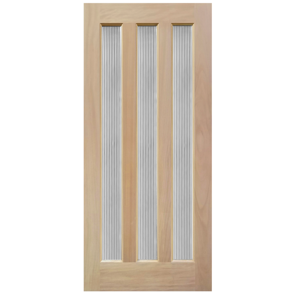 Contemporary Unfinished Mahogany Wood Exterior Door 36" x 79" 3-Lite Decorative Reed Glass Entry Door Slab