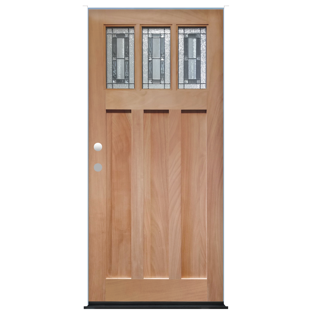 Craftsman Unfinished Mahogany Exterior Door Decorative 3-Lite Leaded Insulated Glass 3 Panel Prehung Entry Door from Pacific Pride
