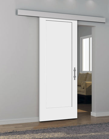 Shaker 1-Panel Primed White Pine Wood Interior Sliding Barn Door with Aluminum Color Valance Hardware Kit