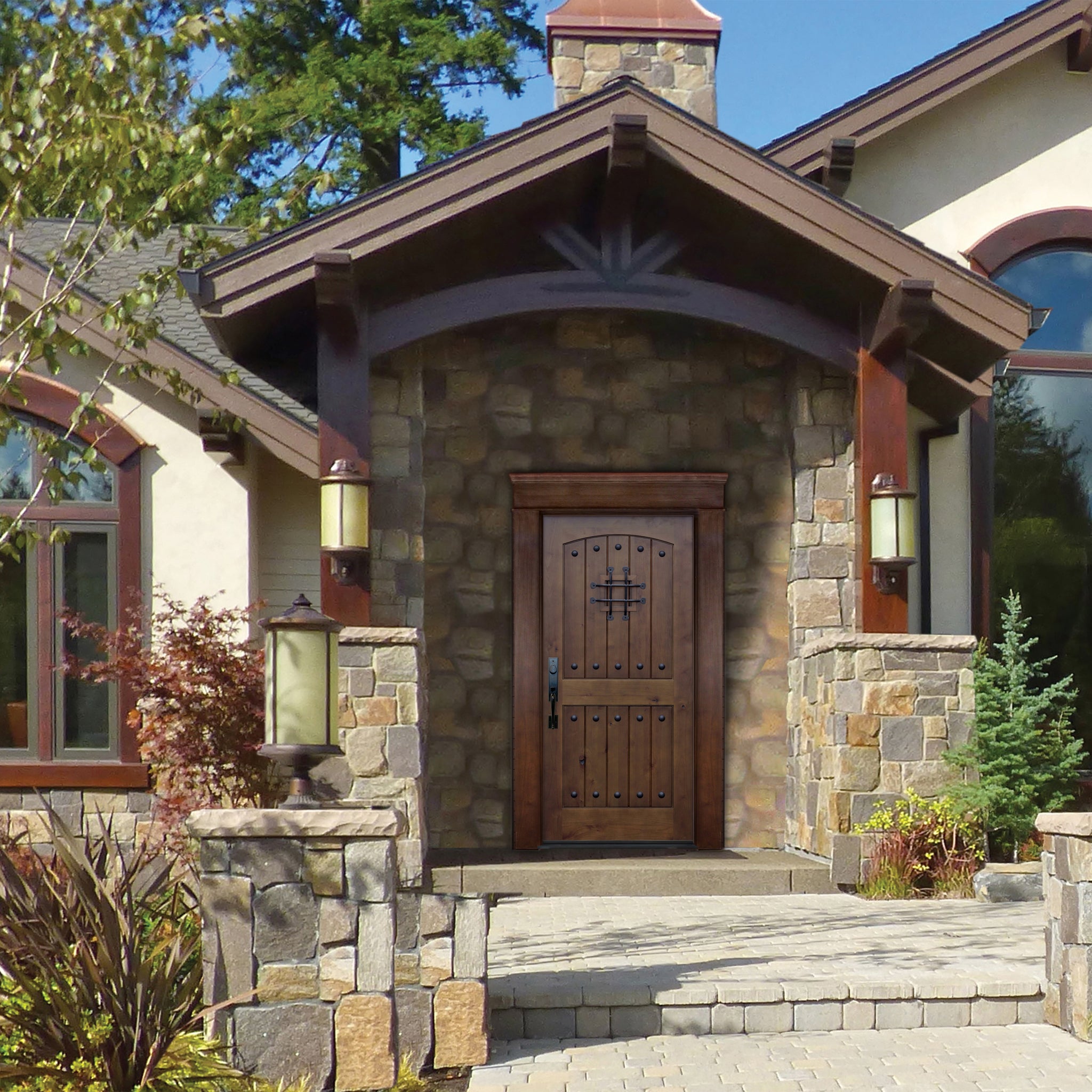 Arched Speakeasy Walnut Stained Ash Exterior Door | V-Grooved 2
